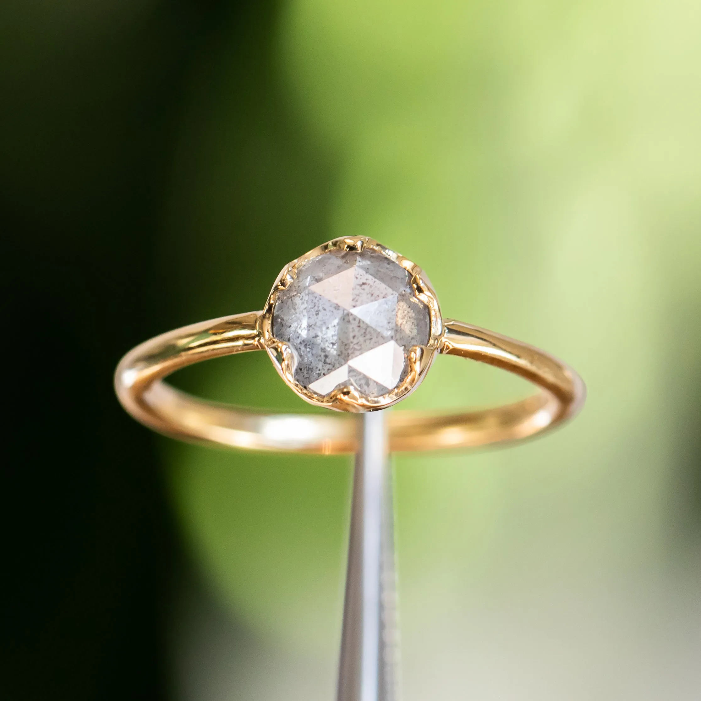1.07ct Rosecut Salt & Pepper Diamond 6-Prong Low Profile Ring With Plain Rounded Band in 18K Yellow Gold