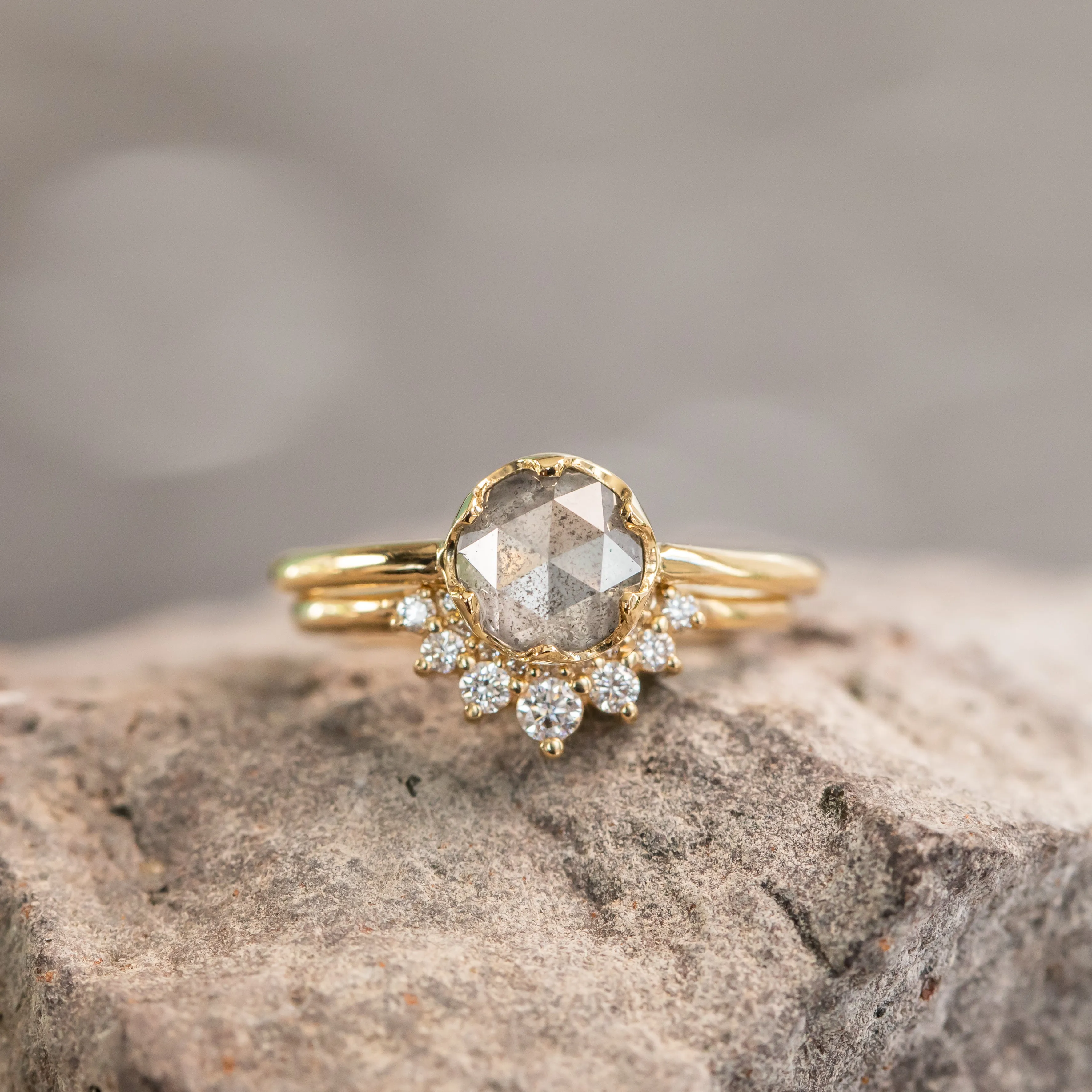 1.07ct Rosecut Salt & Pepper Diamond 6-Prong Low Profile Ring With Plain Rounded Band in 18K Yellow Gold