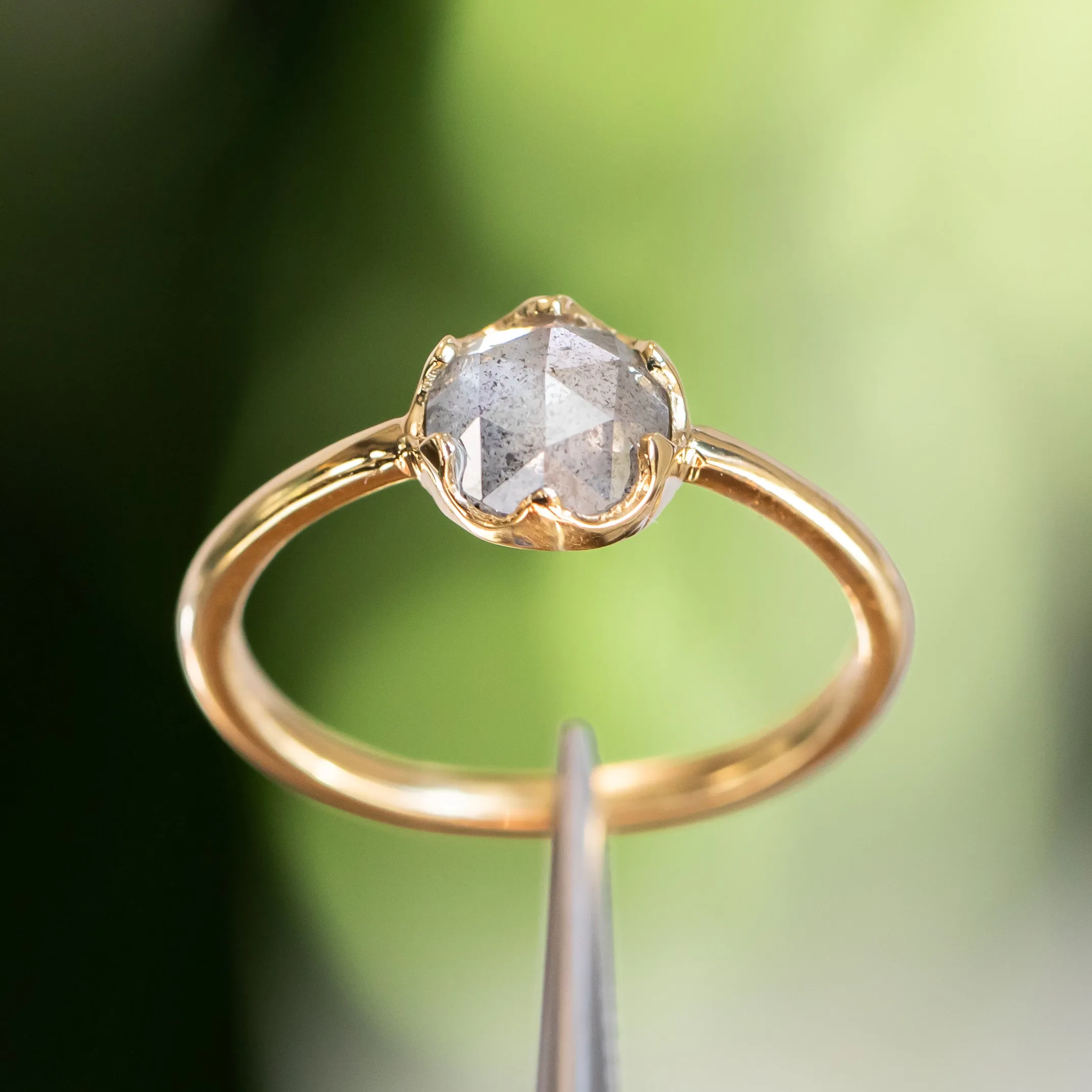 1.07ct Rosecut Salt & Pepper Diamond 6-Prong Low Profile Ring With Plain Rounded Band in 18K Yellow Gold