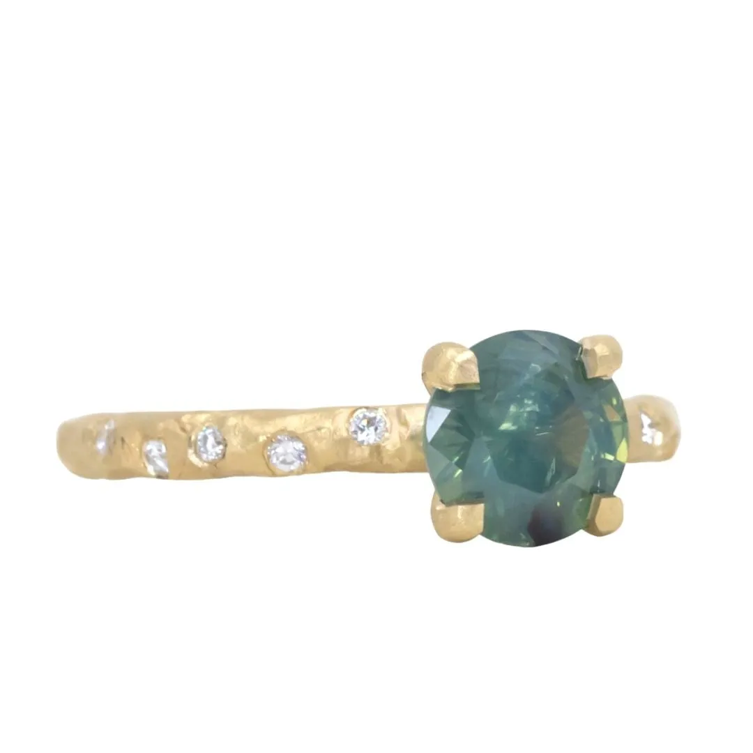 1.39ct Silky Sapphire Evergreen Four-Prong and Scattered Diamond Solitaire in Satin 18k Yellow Gold