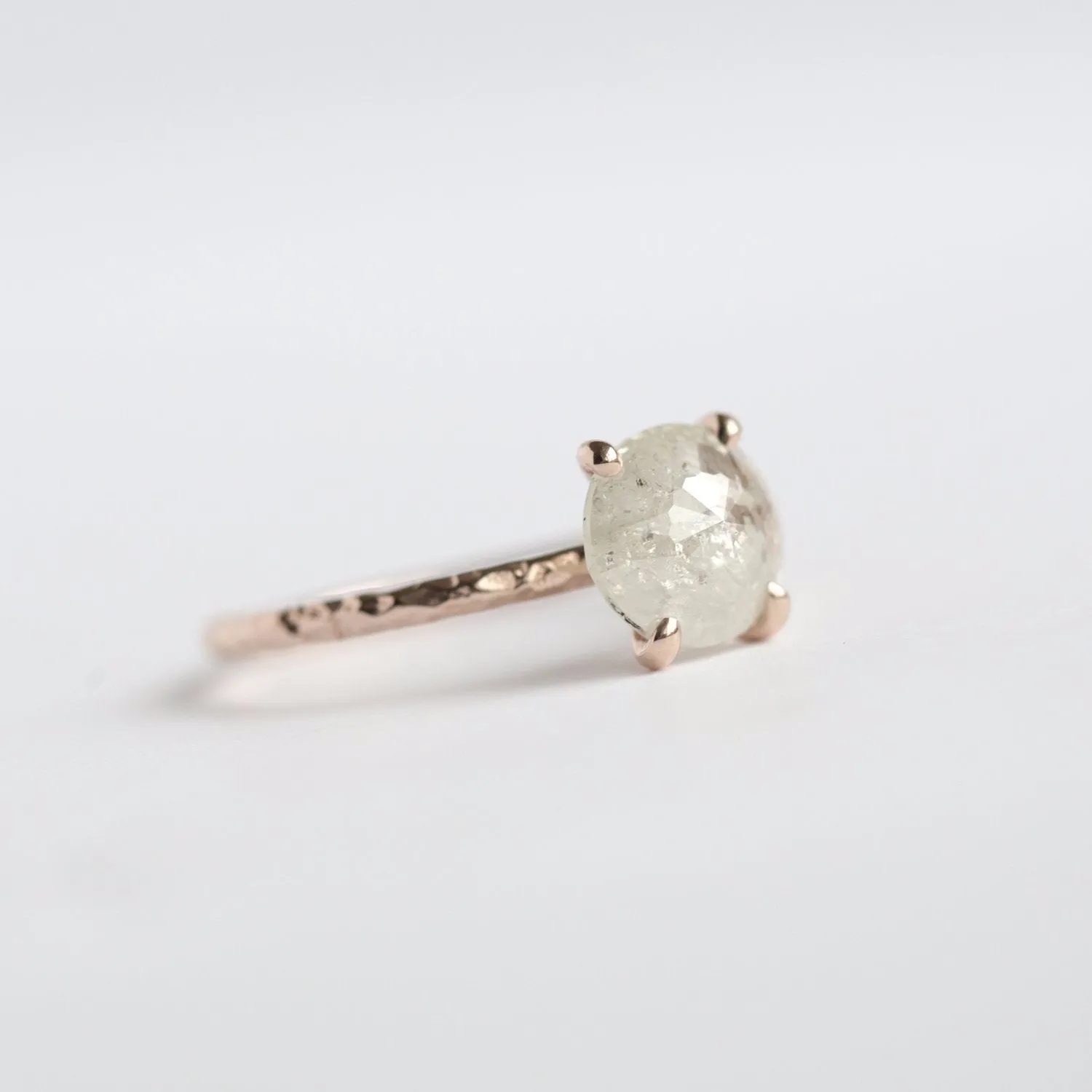 1.85ct Rosecut White Grey Diamond and Dainty Carved Rose Gold Solitaire Setting- Low Profile Rosecut Ring - Skinny Band - Hand carved by Anueva Jewelry