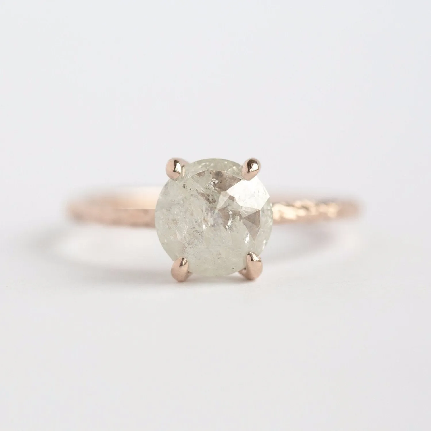 1.85ct Rosecut White Grey Diamond and Dainty Carved Rose Gold Solitaire Setting- Low Profile Rosecut Ring - Skinny Band - Hand carved by Anueva Jewelry
