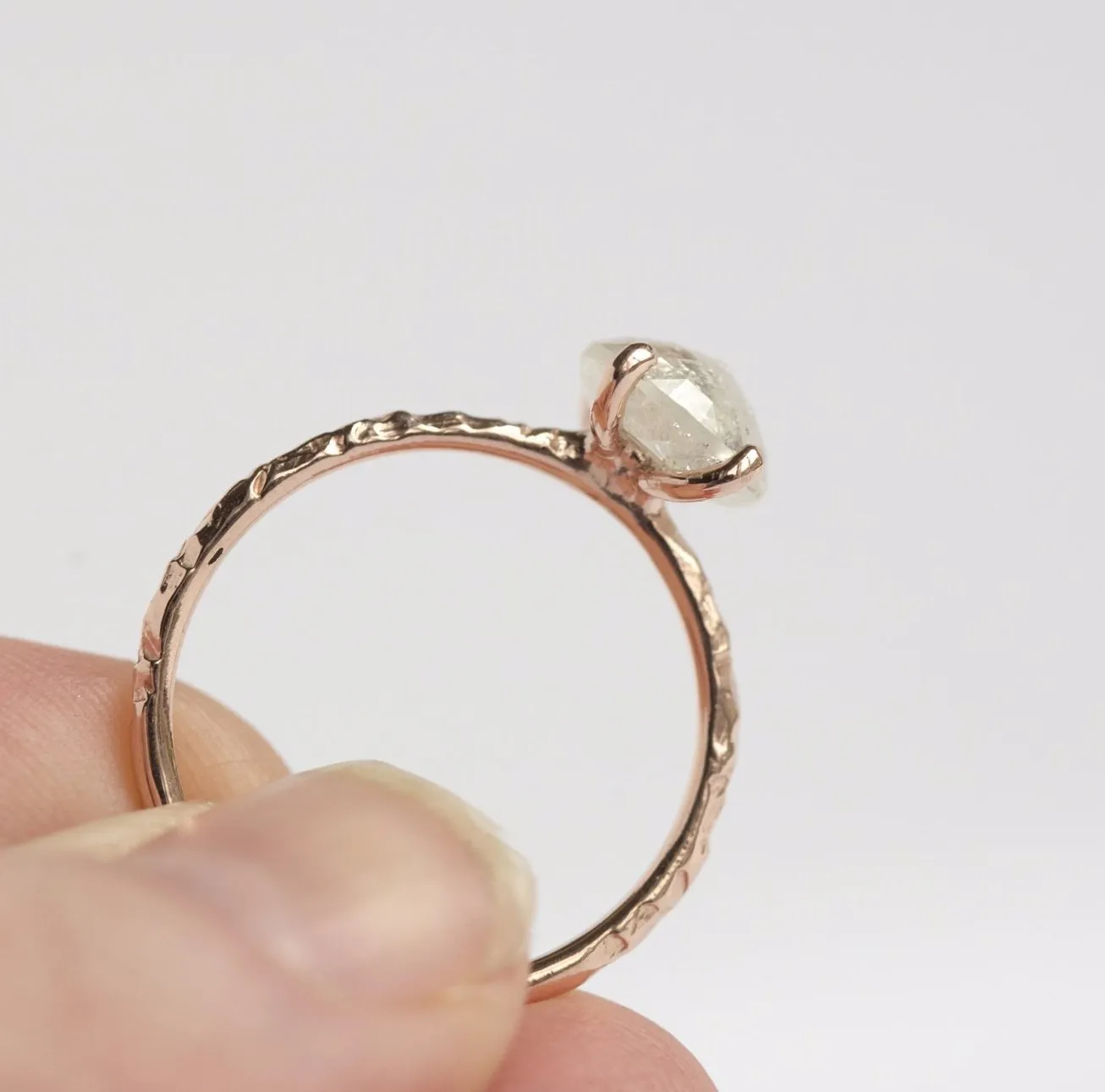 1.85ct Rosecut White Grey Diamond and Dainty Carved Rose Gold Solitaire Setting- Low Profile Rosecut Ring - Skinny Band - Hand carved by Anueva Jewelry