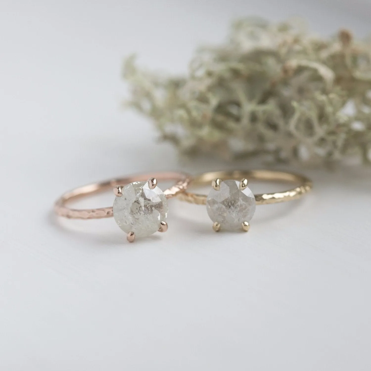 1.85ct Rosecut White Grey Diamond and Dainty Carved Rose Gold Solitaire Setting- Low Profile Rosecut Ring - Skinny Band - Hand carved by Anueva Jewelry
