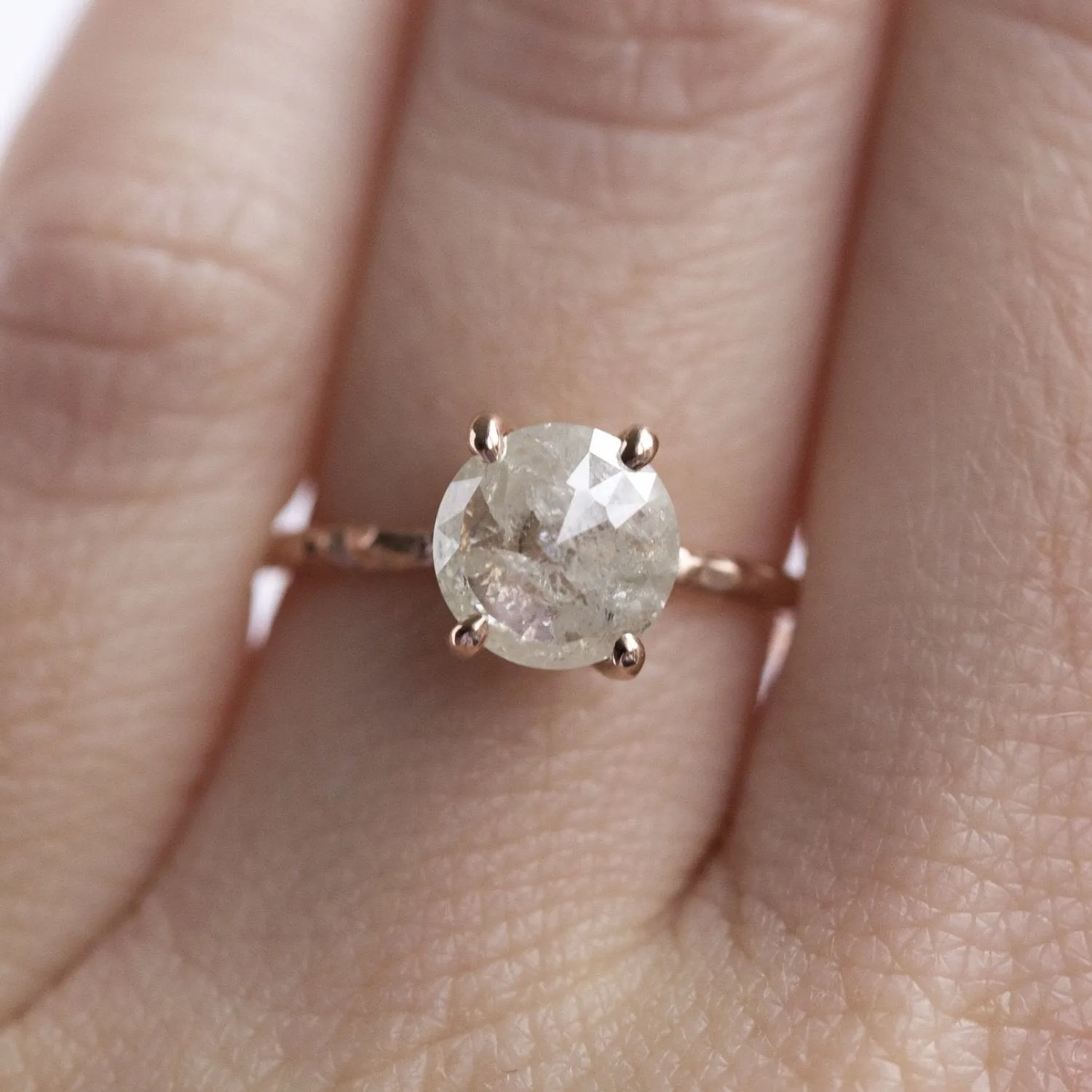 1.85ct Rosecut White Grey Diamond and Dainty Carved Rose Gold Solitaire Setting- Low Profile Rosecut Ring - Skinny Band - Hand carved by Anueva Jewelry