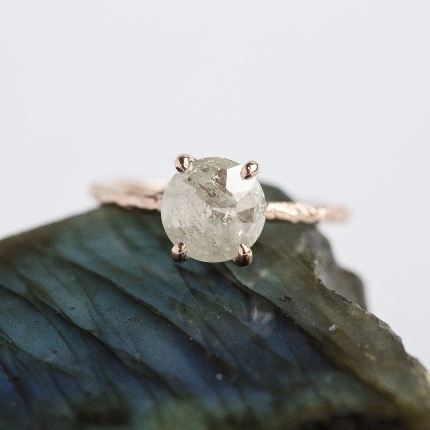 1.85ct Rosecut White Grey Diamond and Dainty Carved Rose Gold Solitaire Setting- Low Profile Rosecut Ring - Skinny Band - Hand carved by Anueva Jewelry