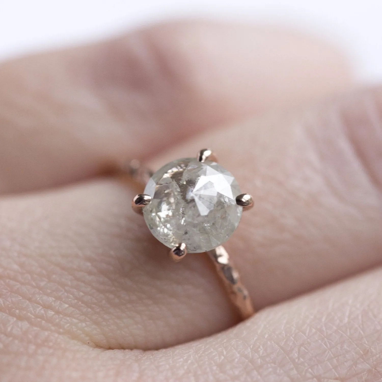 1.85ct Rosecut White Grey Diamond and Dainty Carved Rose Gold Solitaire Setting- Low Profile Rosecut Ring - Skinny Band - Hand carved by Anueva Jewelry