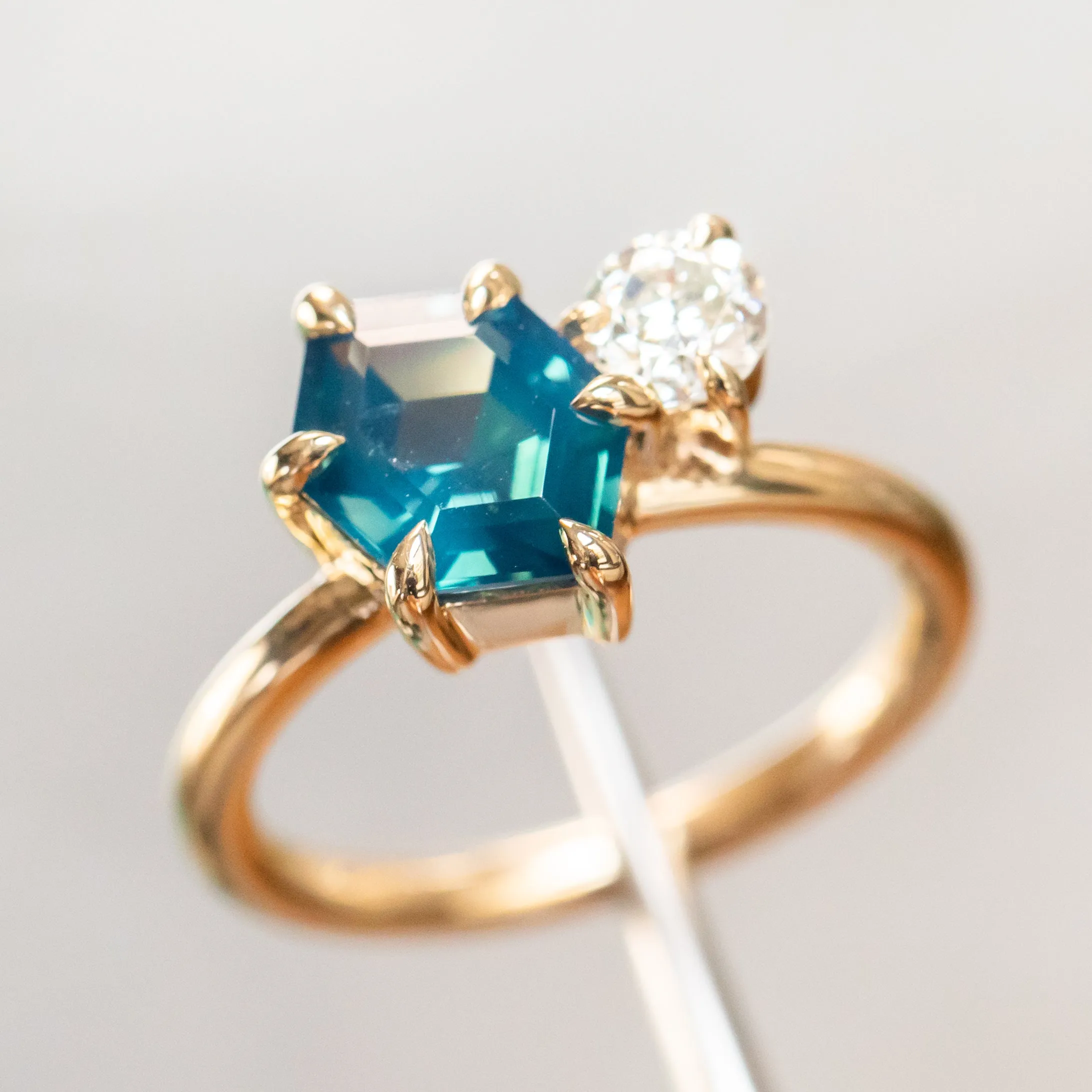 2.20ct Hexagon Sapphire & 0.36ct Antique Diamond Toi Et Moi Ring in 14k Yellow Gold