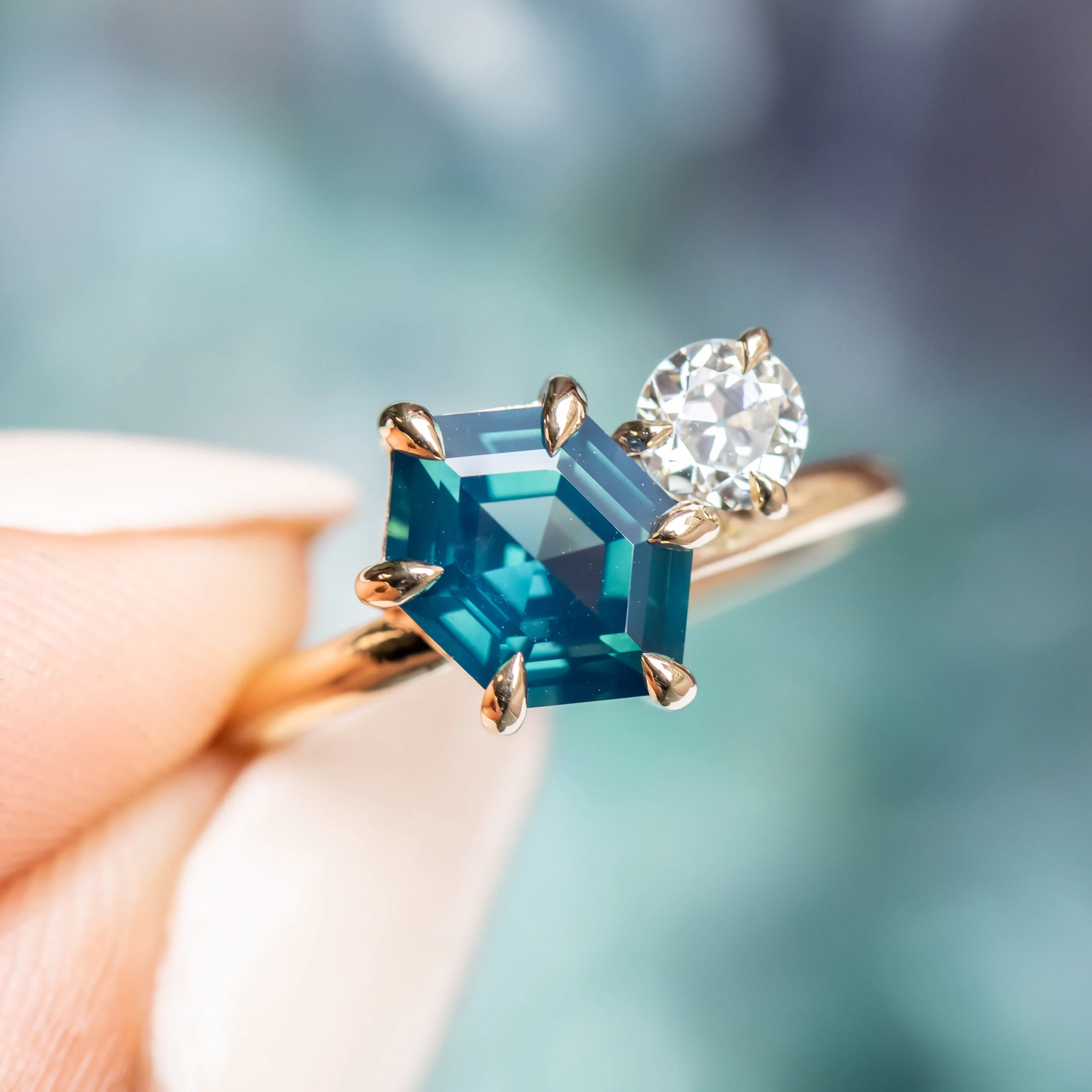2.20ct Hexagon Sapphire & 0.36ct Antique Diamond Toi Et Moi Ring in 14k Yellow Gold