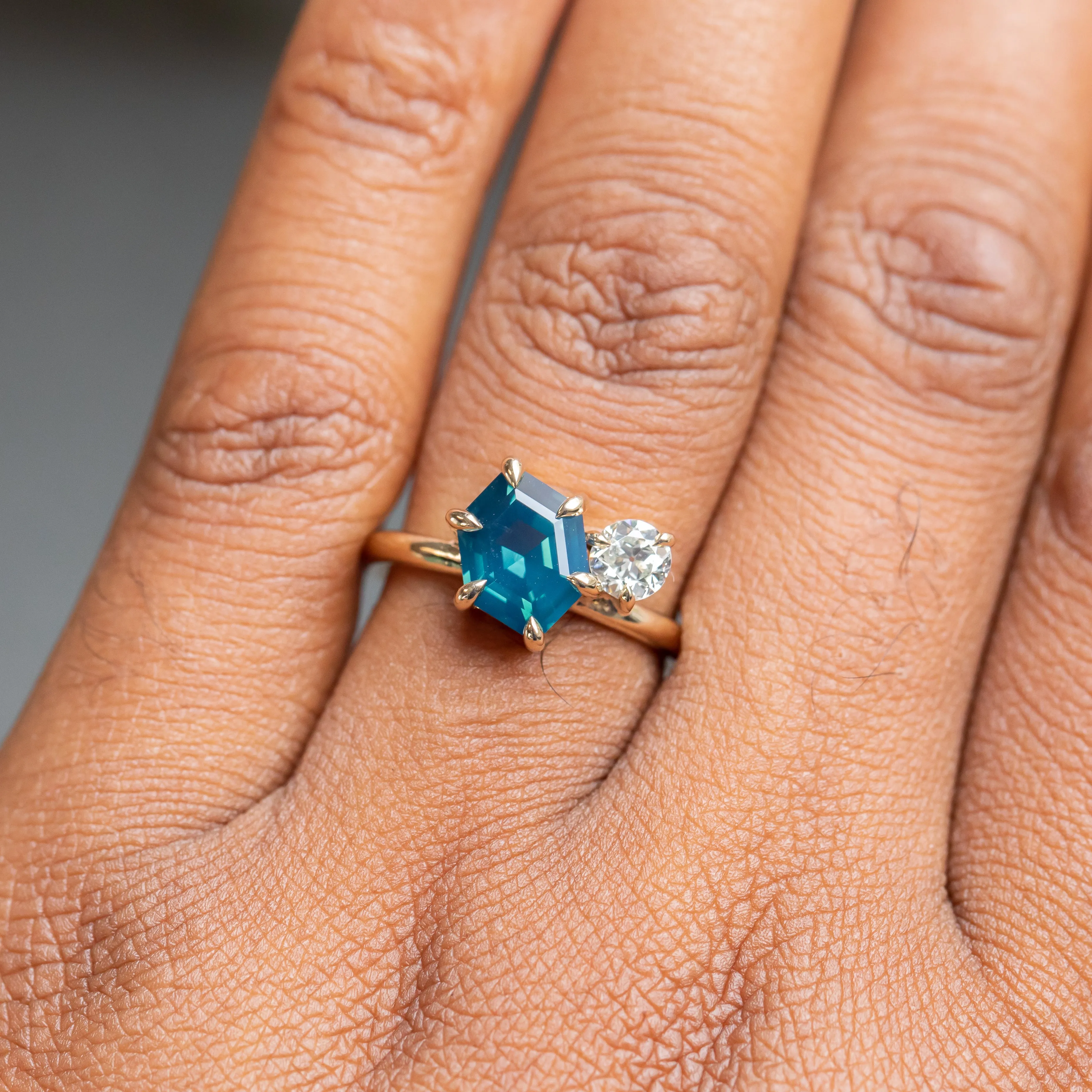 2.20ct Hexagon Sapphire & 0.36ct Antique Diamond Toi Et Moi Ring in 14k Yellow Gold
