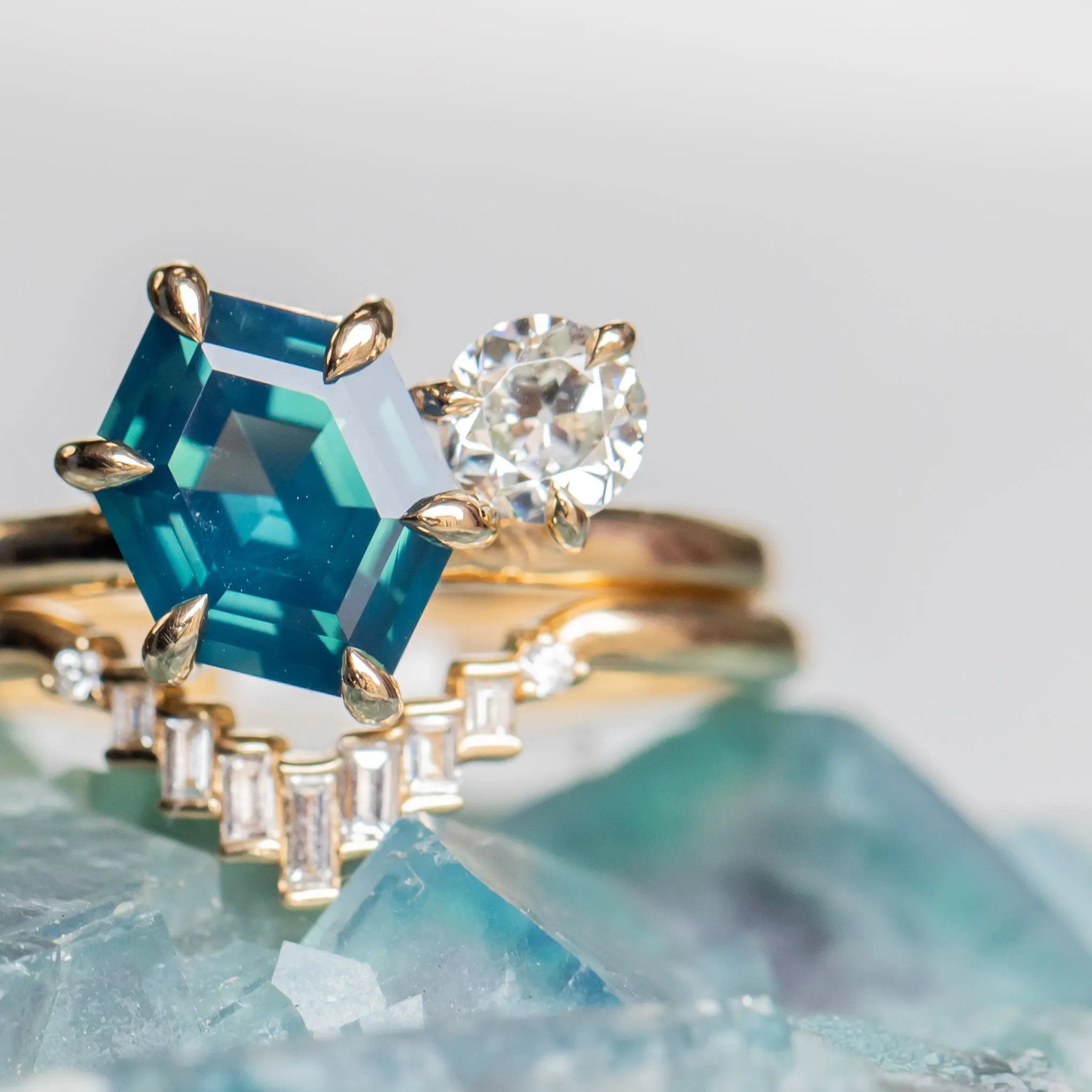 2.20ct Hexagon Sapphire & 0.36ct Antique Diamond Toi Et Moi Ring in 14k Yellow Gold