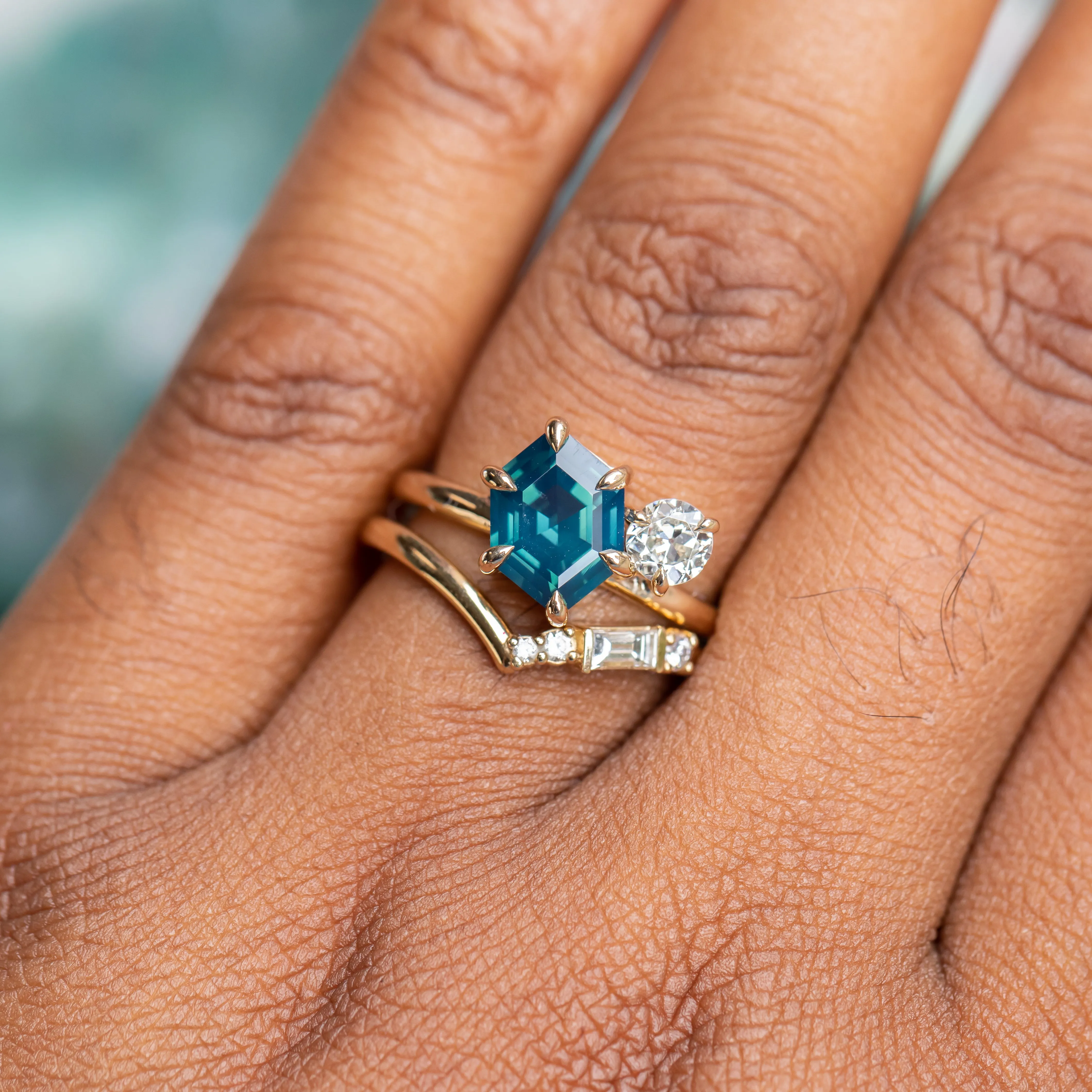 2.20ct Hexagon Sapphire & 0.36ct Antique Diamond Toi Et Moi Ring in 14k Yellow Gold