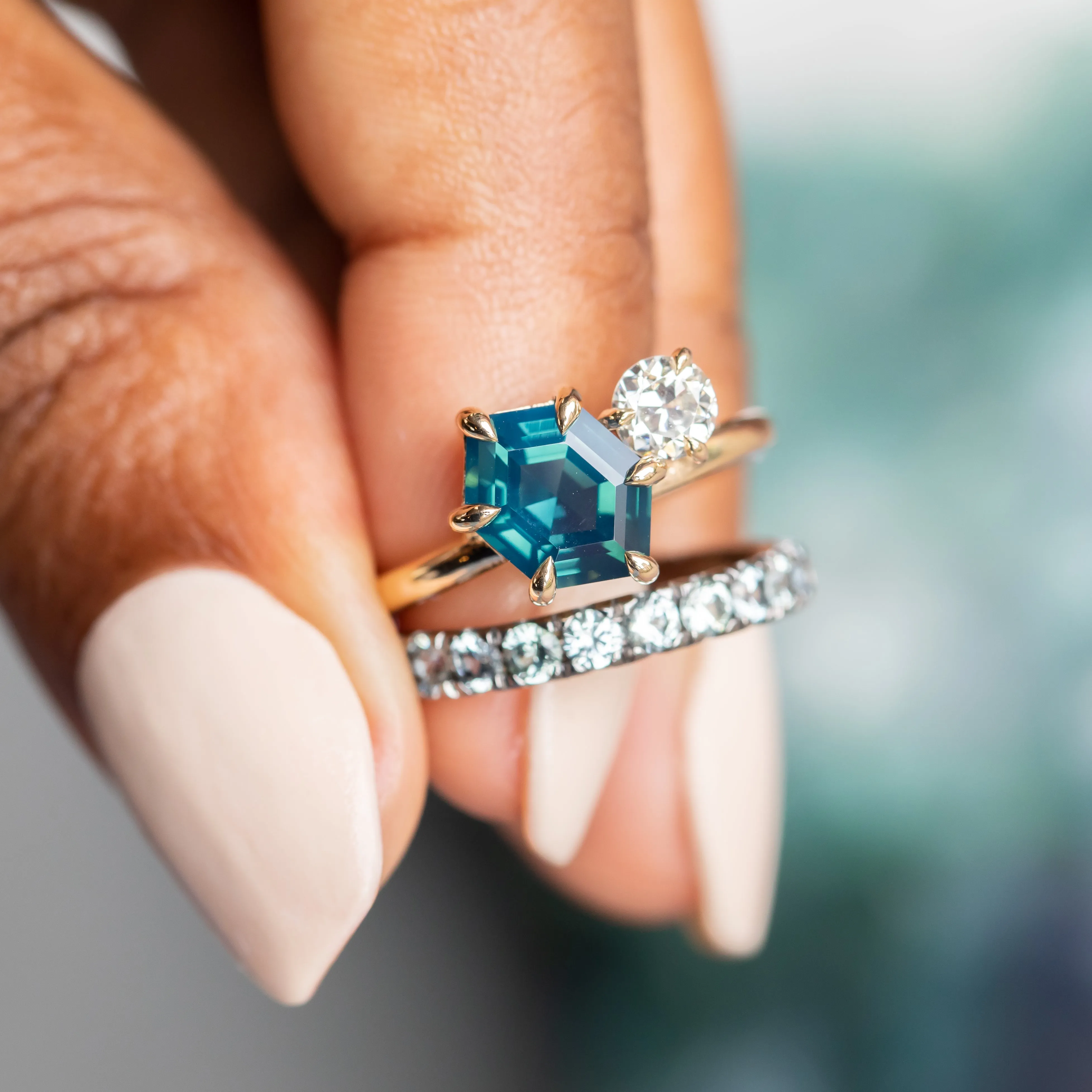 2.20ct Hexagon Sapphire & 0.36ct Antique Diamond Toi Et Moi Ring in 14k Yellow Gold