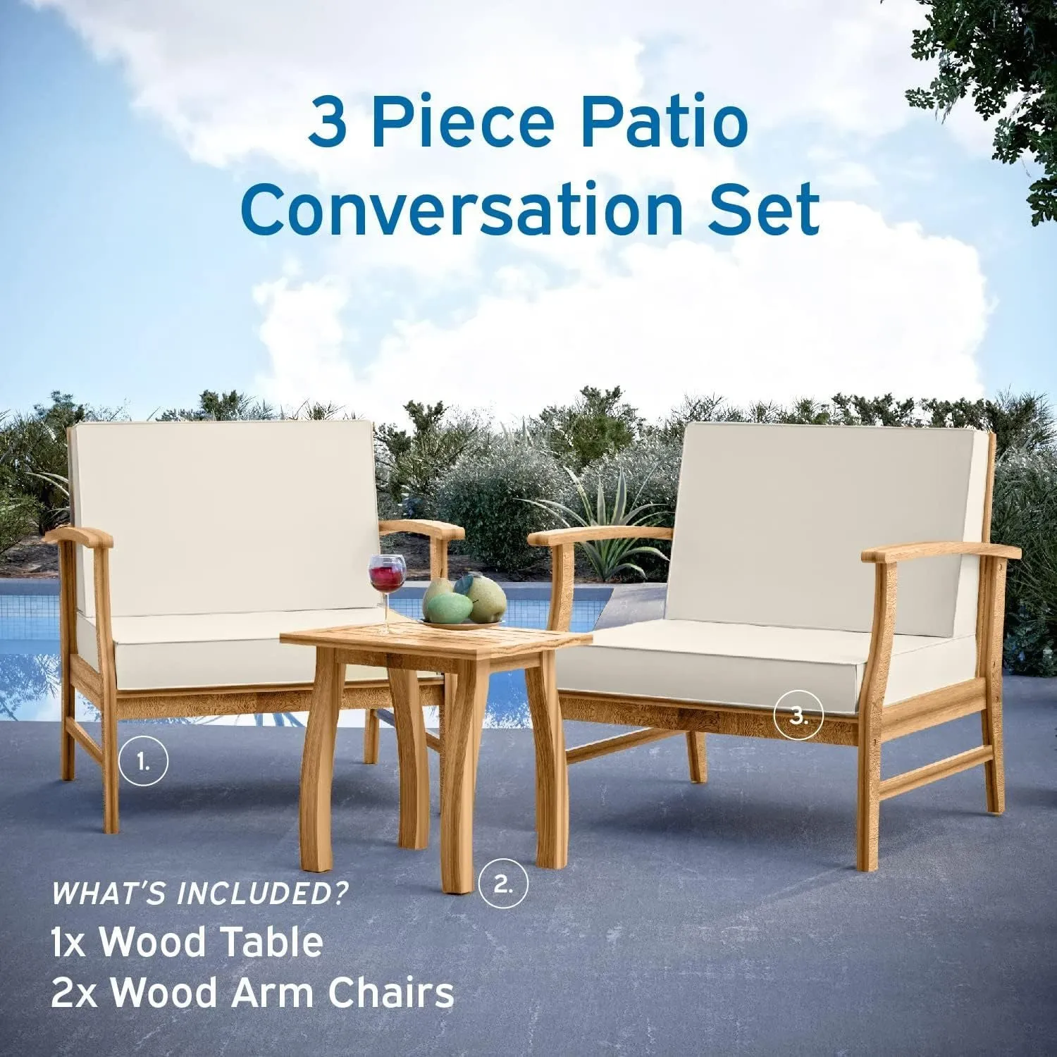 3 Piece Patio Bistro Furniture Wood-• 2x Chairs
 • 1x Table