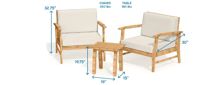 3 Piece Patio Bistro Furniture Wood-• 2x Chairs
 • 1x Table