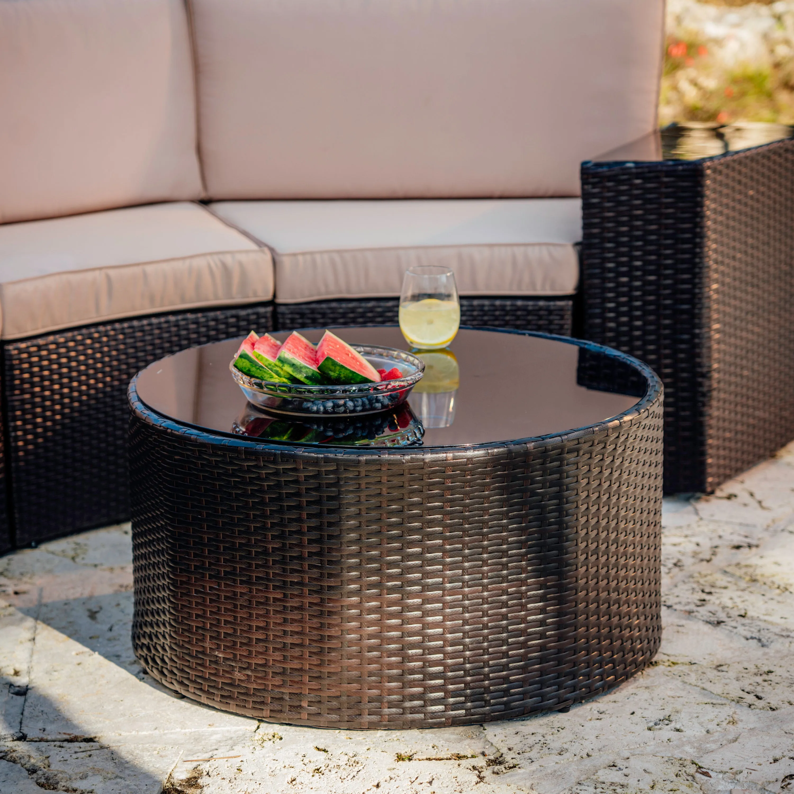 4 Piece Patio Conversation Full Circle Sofa Set- • 8 Armless Chairs
 • 2 End Tables
 • 1 Coffee Table