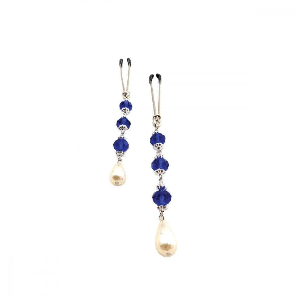 Bijoux de Tweezer Style Nipple Clamps Pearl Dark Blue Beads