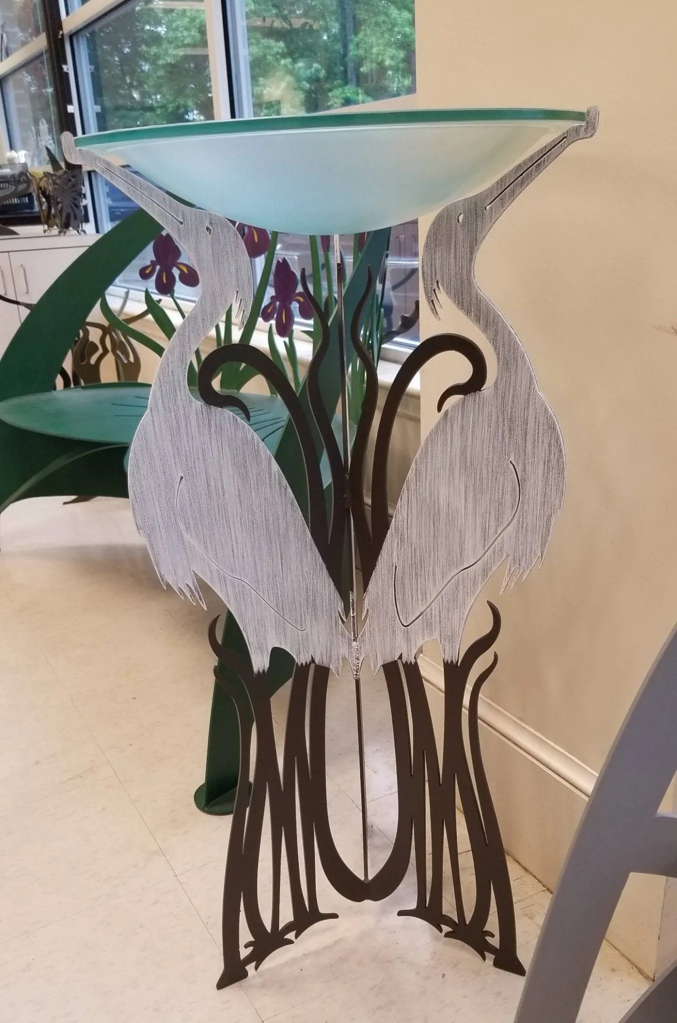 Blue Heron Birdbath Metal Art Sculpture