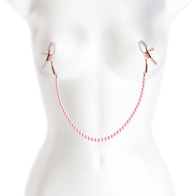 Bound Screw Adjust Tweezer Style Nipple Clamps with Beaded Pull Chain DC1 Pink