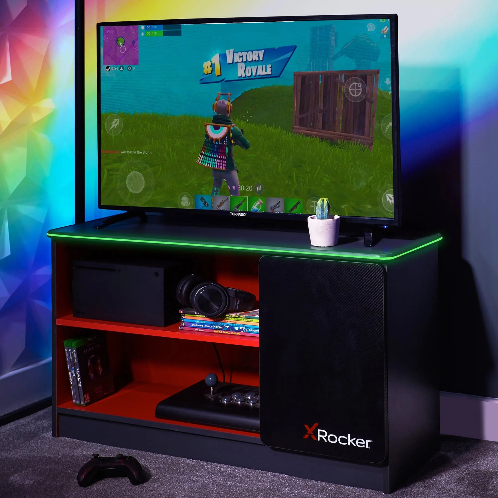 Carbon-Tek TV Stand with LED, Gray/Red