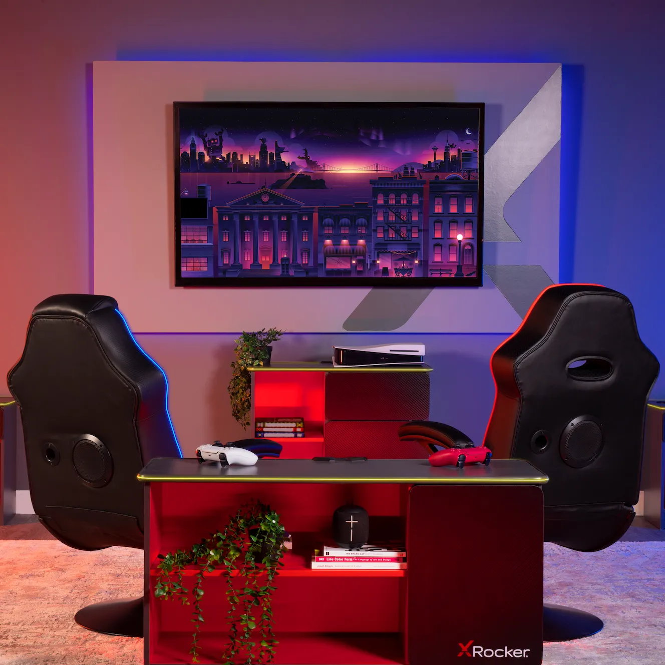 Carbon-Tek TV Stand with LED, Gray/Red