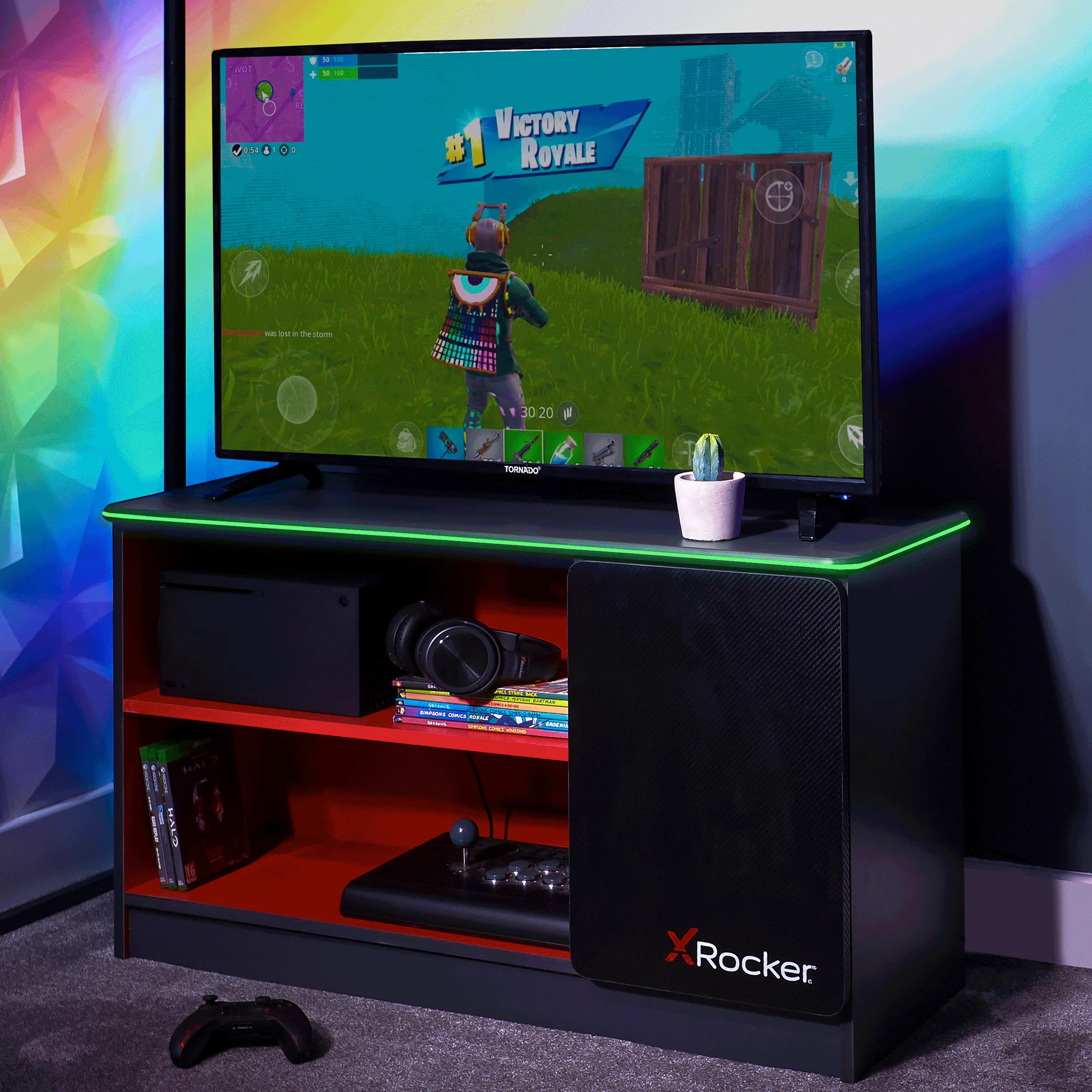Carbon-Tek TV Stand with LED, Gray/Red