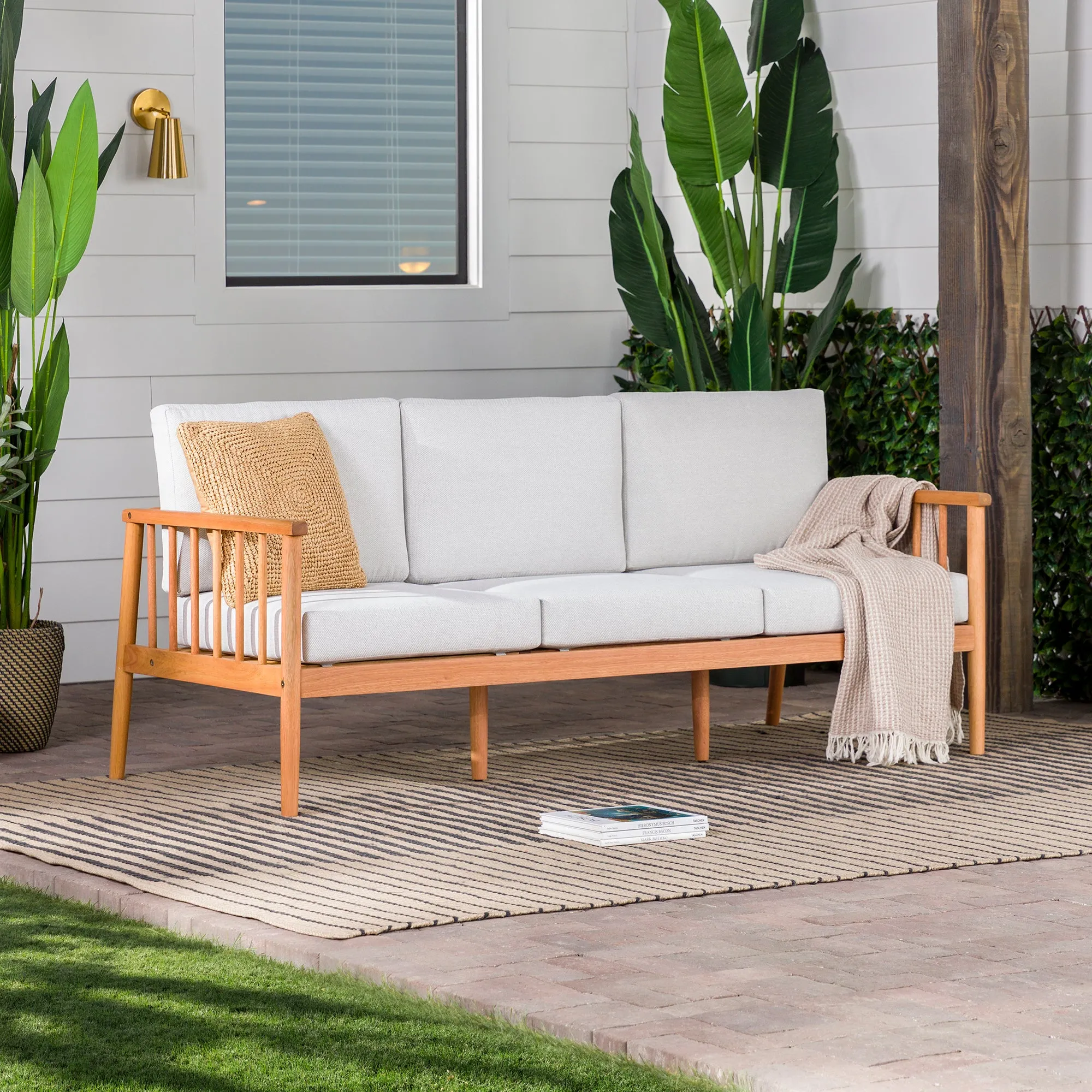Contemporary Cushioned Eucalyptus Wood Patio Triple Lounge – Natural