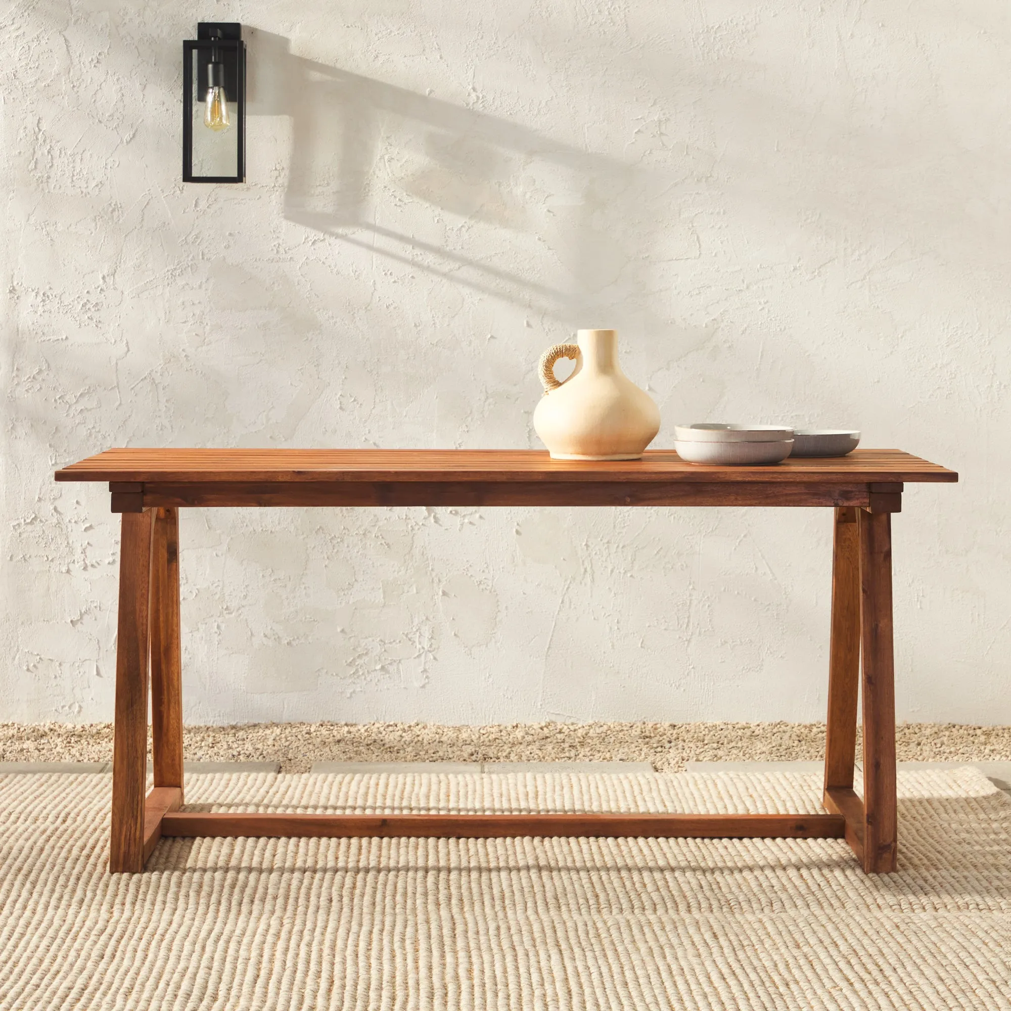 Contemporary Solid Wood Slat-Top Patio Dining Table – Black Wash