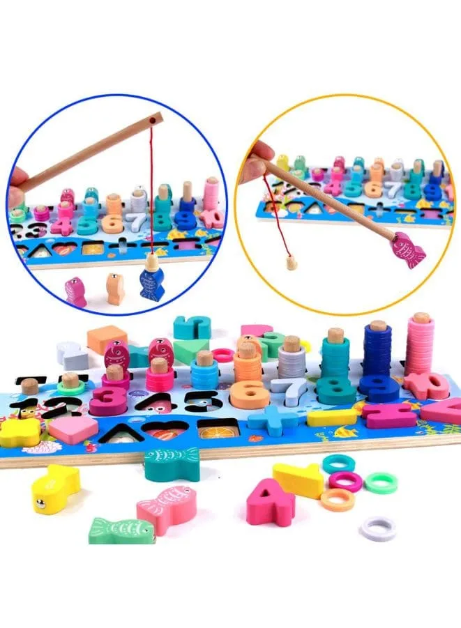 Early Learning Toys for Toddlers, Educational Wooden Board 5 in 1 Numbers Action Math Counting Fish Catching, Wooden Montessori Toys, Wooden Logarithmic Toy