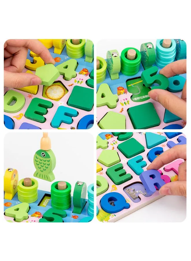 Early Learning Toys for Toddlers, Educational Wooden Board 5 in 1 Numbers Action Math Counting Fish Catching, Wooden Montessori Toys, Wooden Logarithmic Toy