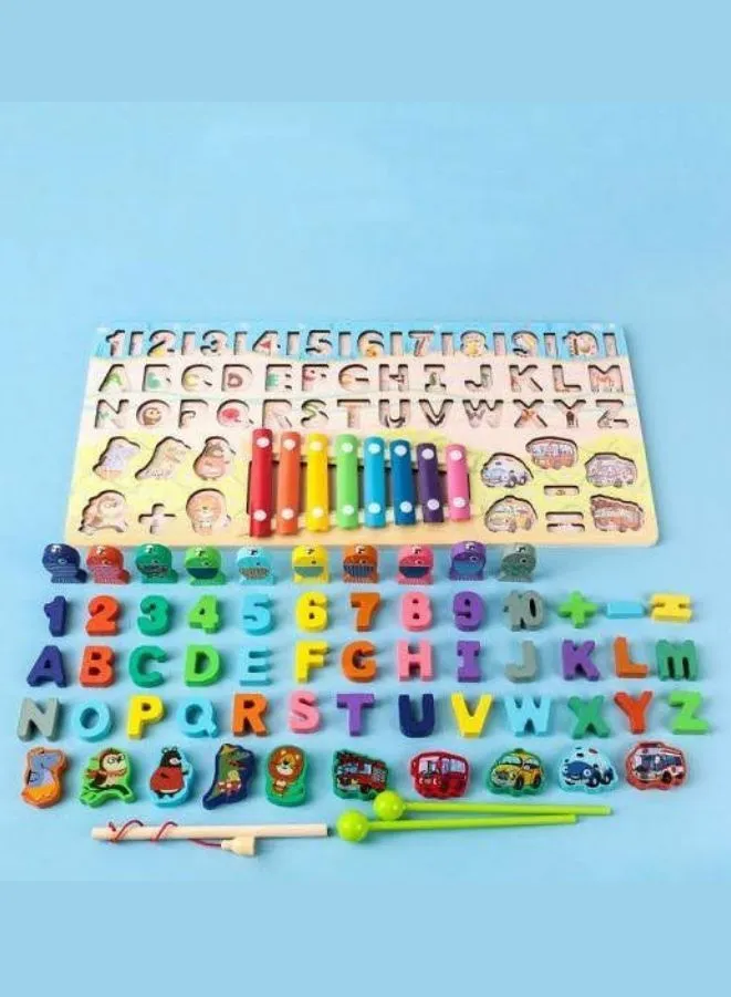 Early Learning Toys for Toddlers, Educational Wooden Board 5 in 1 Numbers Action Math Counting Fish Catching, Wooden Montessori Toys, Wooden Logarithmic Toy