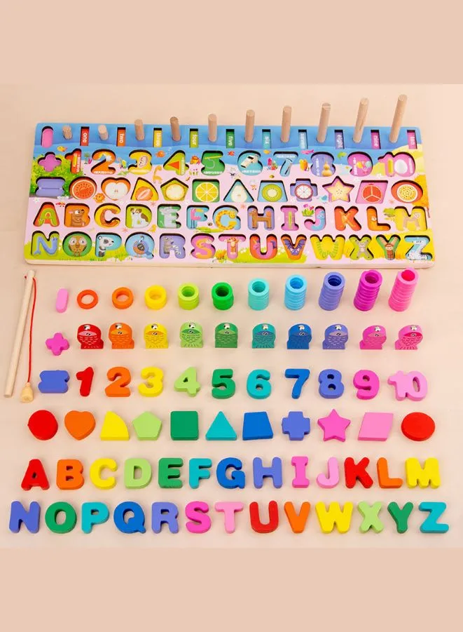 Early Learning Toys for Toddlers, Educational Wooden Board 5 in 1 Numbers Action Math Counting Fish Catching, Wooden Montessori Toys, Wooden Logarithmic Toy
