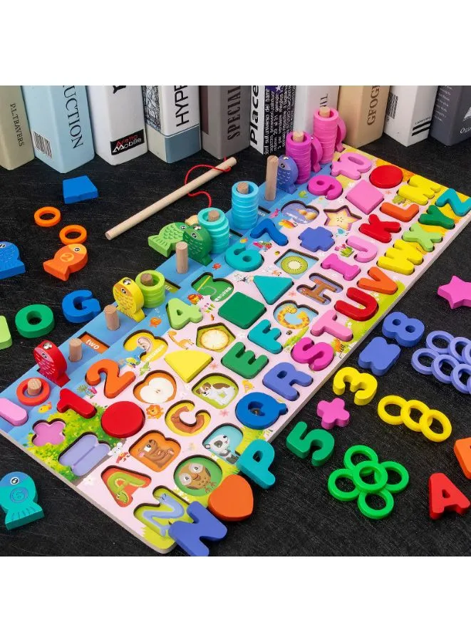 Early Learning Toys for Toddlers, Educational Wooden Board 5 in 1 Numbers Action Math Counting Fish Catching, Wooden Montessori Toys, Wooden Logarithmic Toy