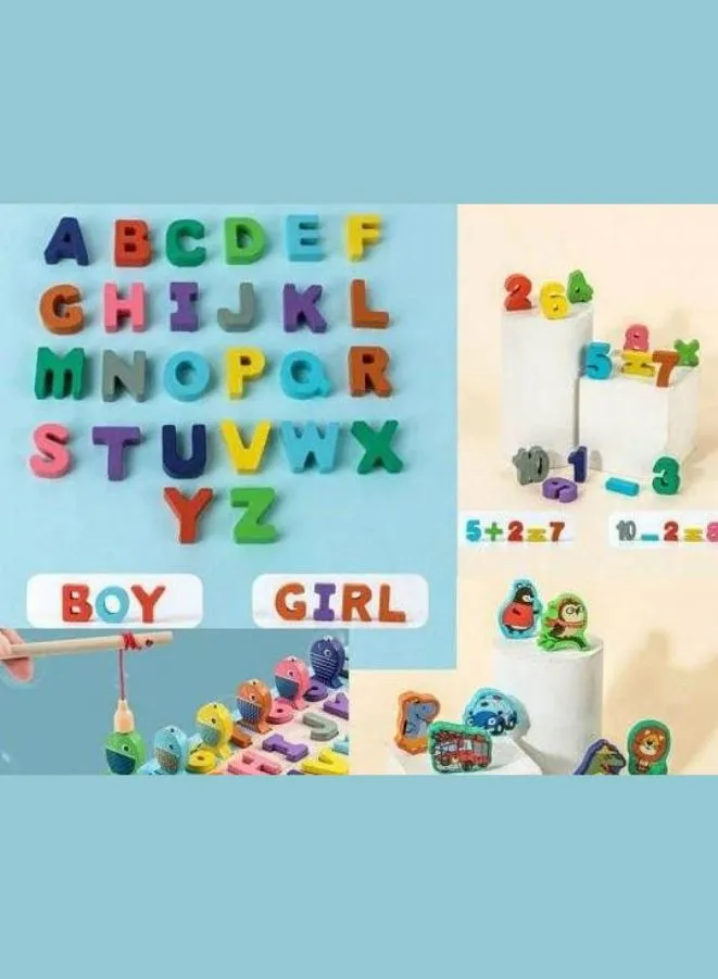 Early Learning Toys for Toddlers, Educational Wooden Board 5 in 1 Numbers Action Math Counting Fish Catching, Wooden Montessori Toys, Wooden Logarithmic Toy