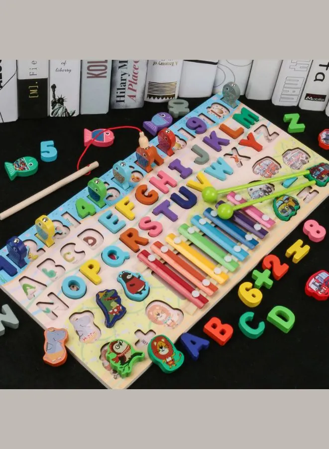 Early Learning Toys for Toddlers, Educational Wooden Board 5 in 1 Numbers Action Math Counting Fish Catching, Wooden Montessori Toys, Wooden Logarithmic Toy