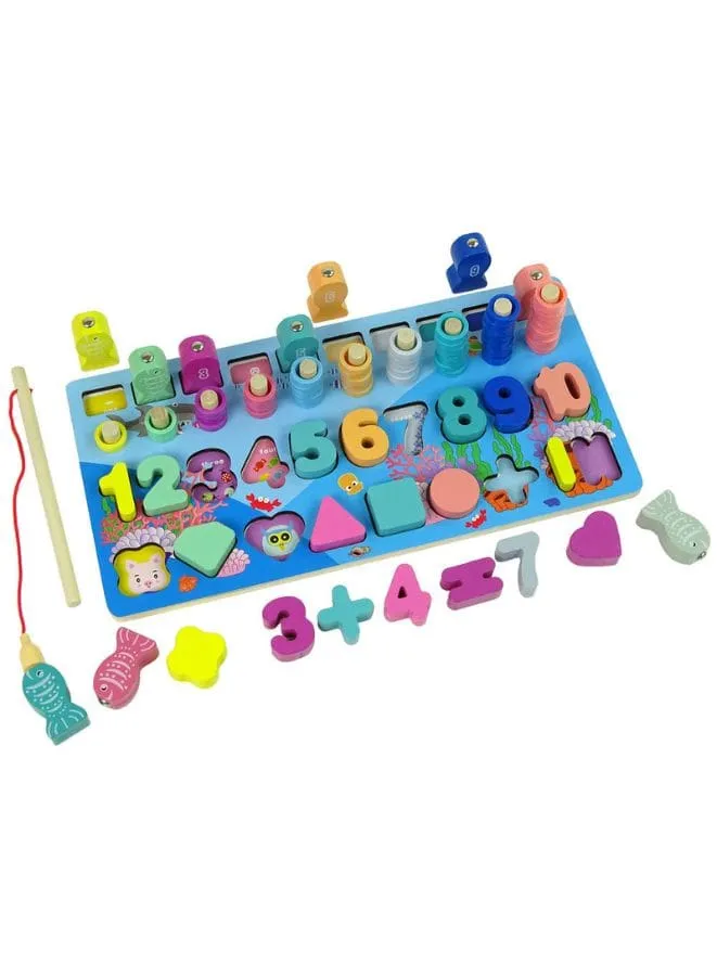 Early Learning Toys for Toddlers, Educational Wooden Board 5 in 1 Numbers Action Math Counting Fish Catching, Wooden Montessori Toys, Wooden Logarithmic Toy