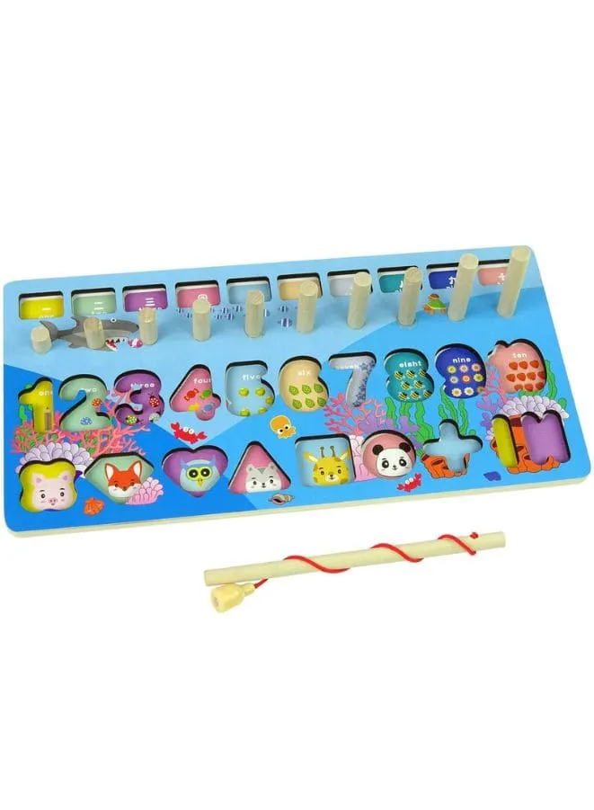 Early Learning Toys for Toddlers, Educational Wooden Board 5 in 1 Numbers Action Math Counting Fish Catching, Wooden Montessori Toys, Wooden Logarithmic Toy