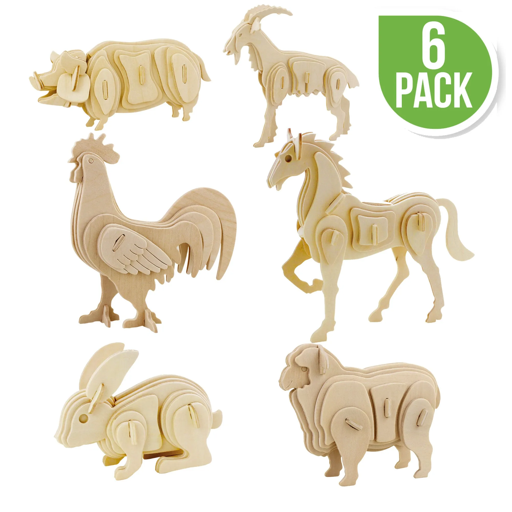 Hands Craft DIY 3D Wooden Puzzle 6 ct, Farm Animals-JP2B7