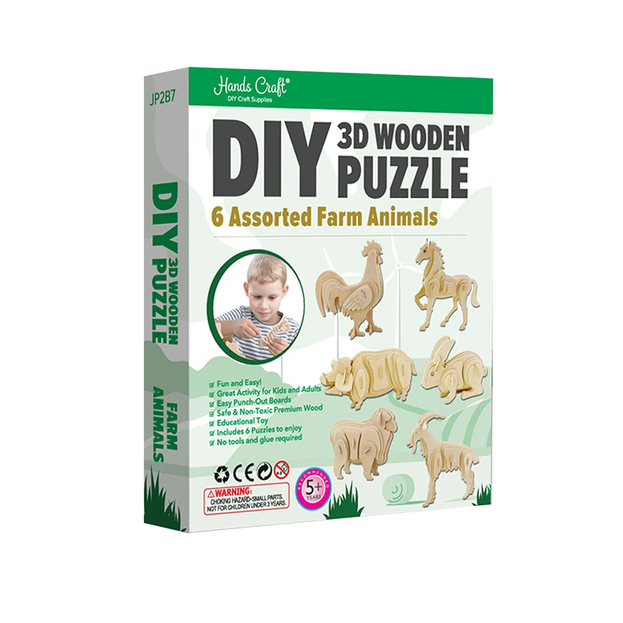 Hands Craft DIY 3D Wooden Puzzle 6 ct, Farm Animals-JP2B7