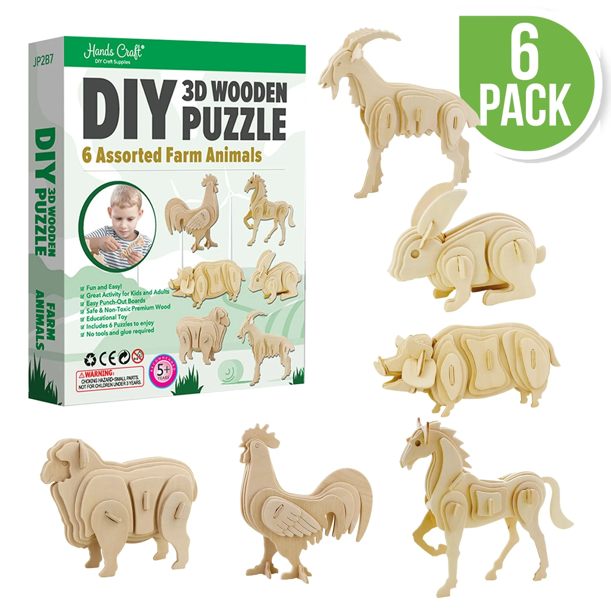 Hands Craft DIY 3D Wooden Puzzle 6 ct, Farm Animals-JP2B7