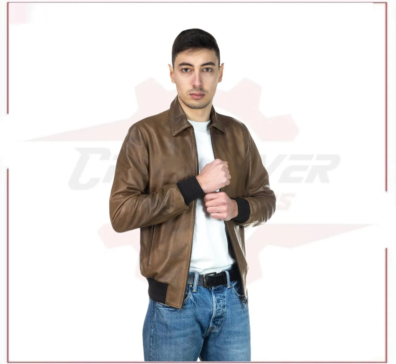 Men's Bomber Jacket in Genuine Brown Leather