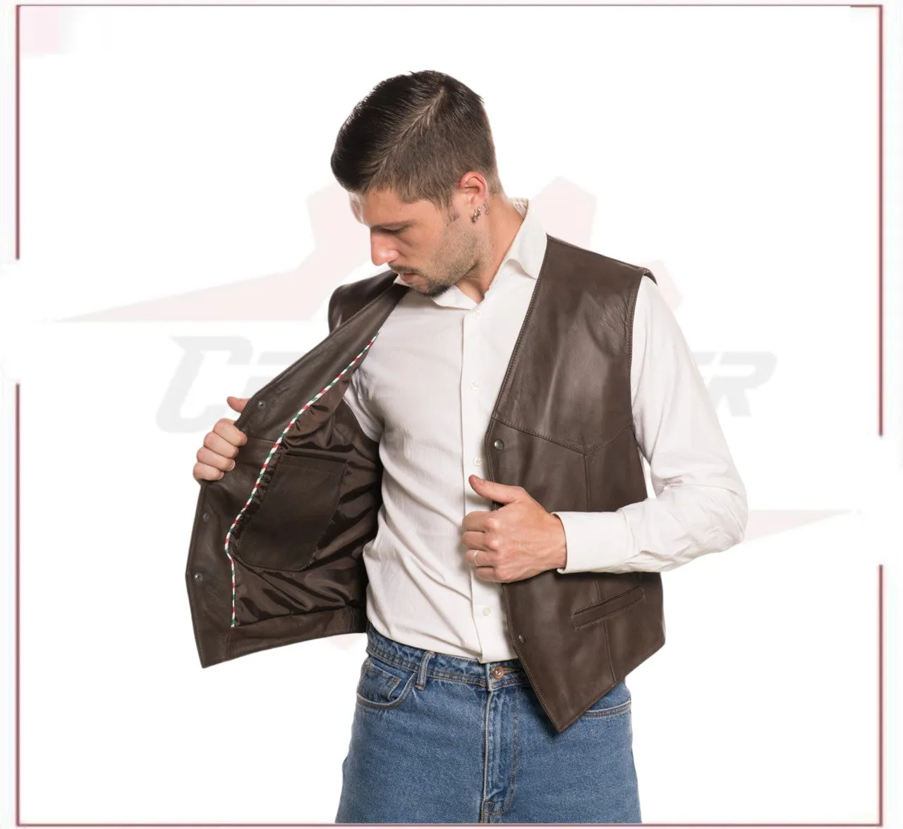 Men's Vest in Genuine Dark Brown Leather