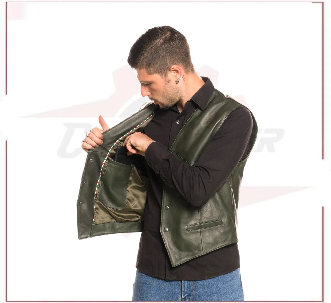 Men's Vest in Genuine Green Leather