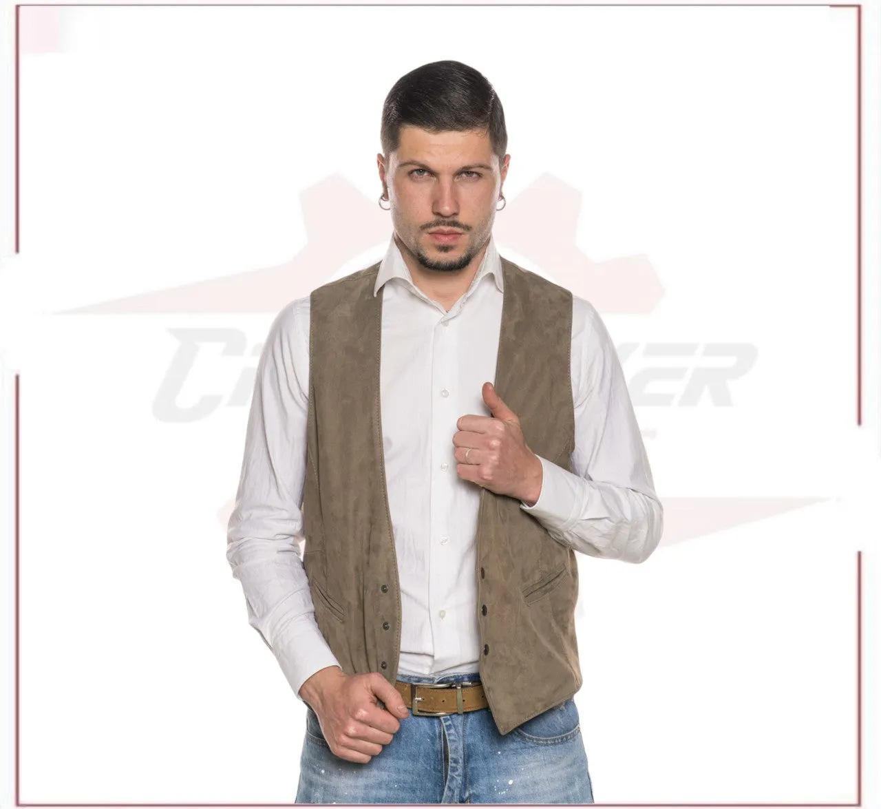 Men's Vest in Genuine Taupe Suede Leather