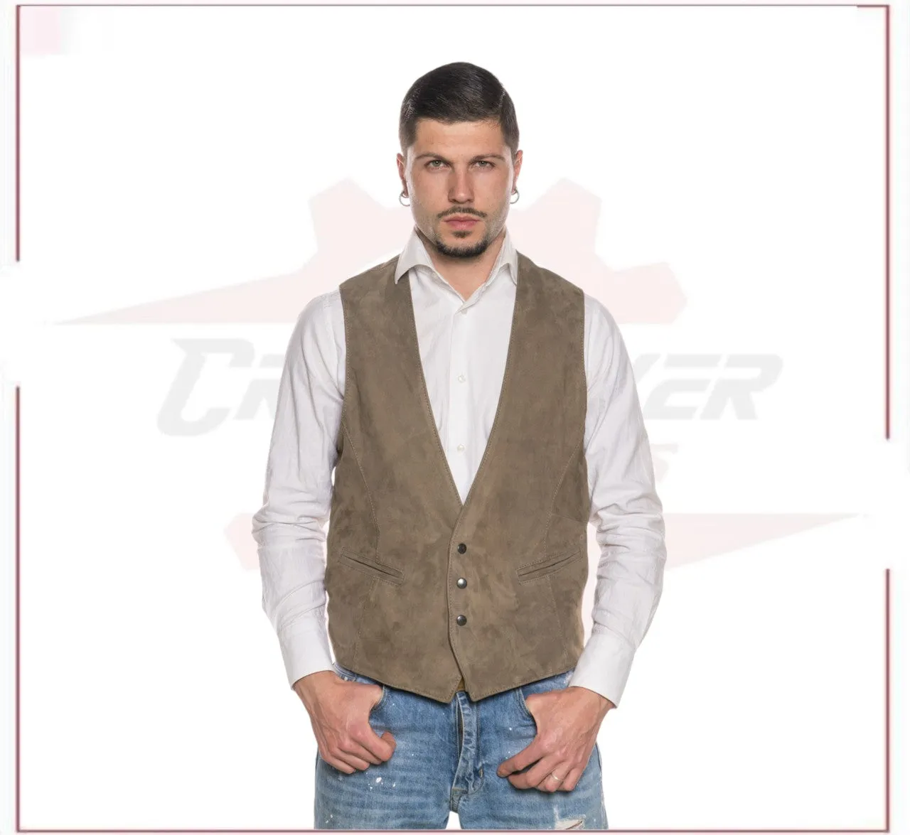 Men's Vest in Genuine Taupe Suede Leather
