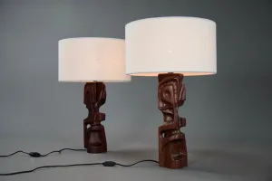 Mid-Century Modern Sculptural Carved Wooden Table Lamps by Gianni Pinna Italy