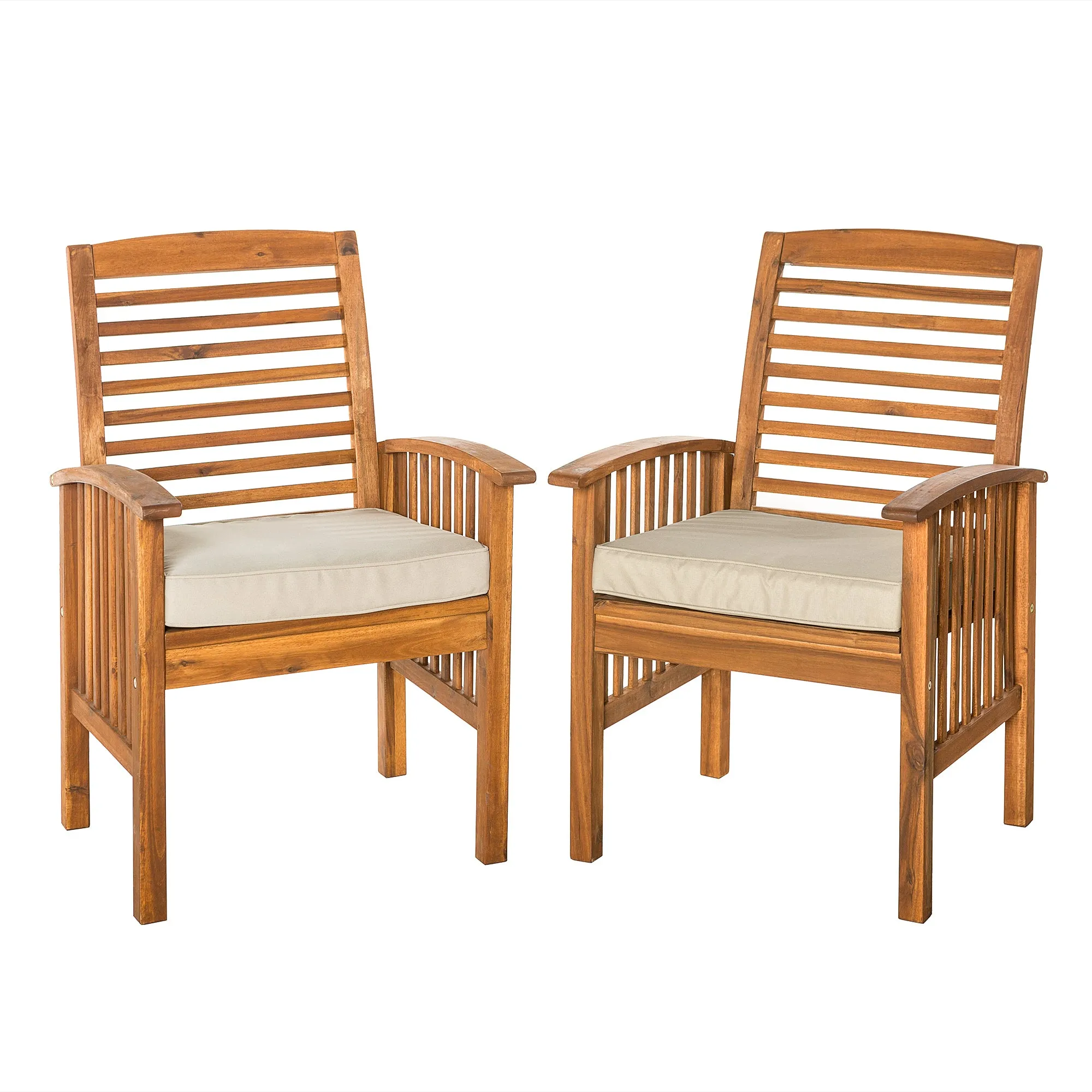 Modern 2-Piece Slat-Back Patio Chairs with Cushions - Brown