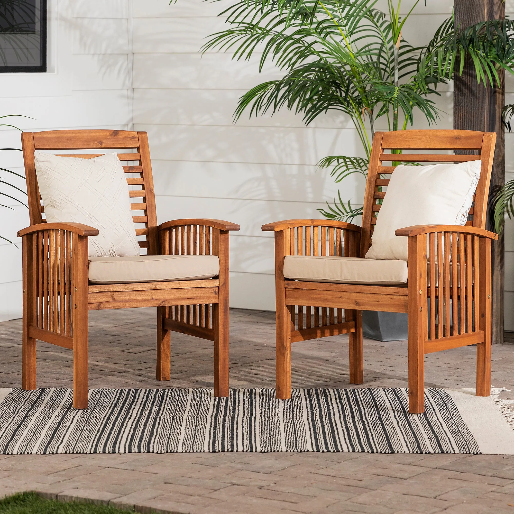 Modern 2-Piece Slat-Back Patio Chairs with Cushions - Brown
