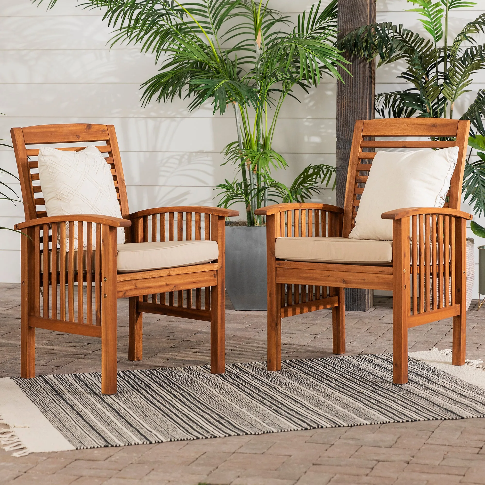 Modern 2-Piece Slat-Back Patio Chairs with Cushions - Brown