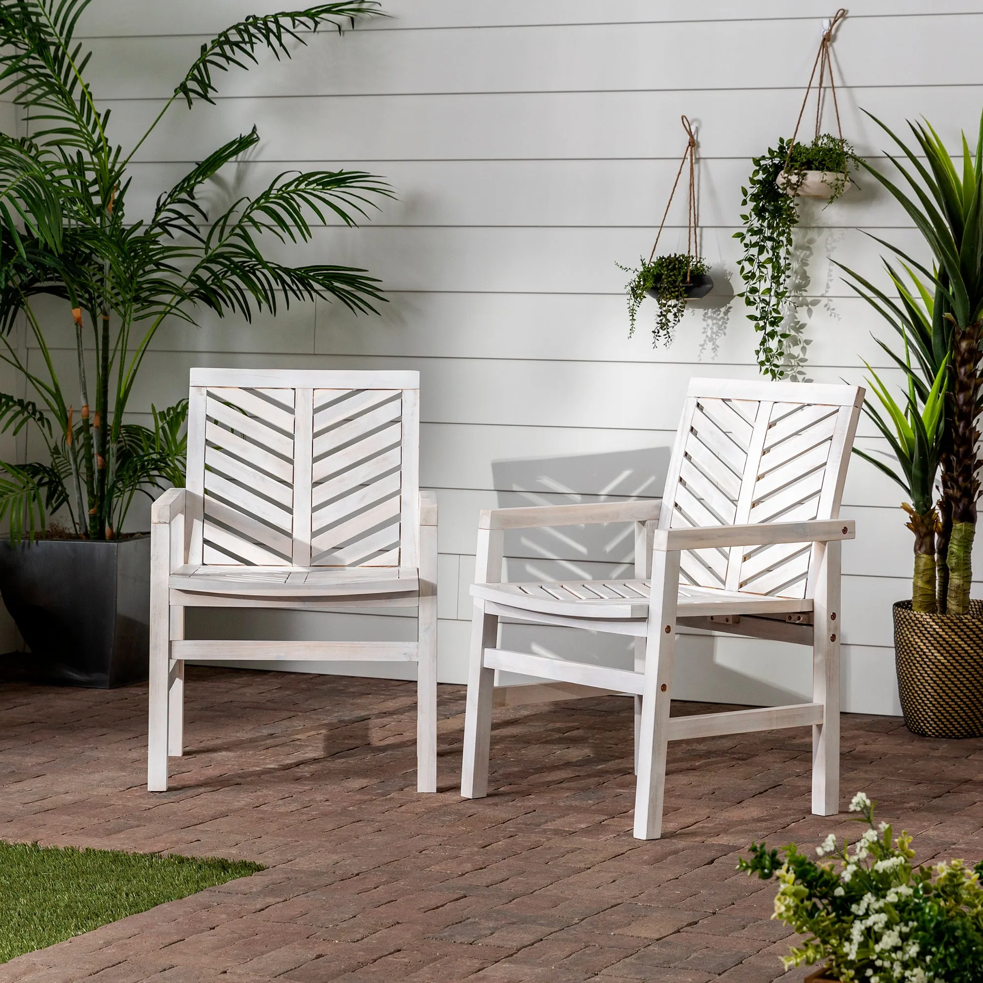Modern Chevron Patio Chairs, Set of 2 - White Wash